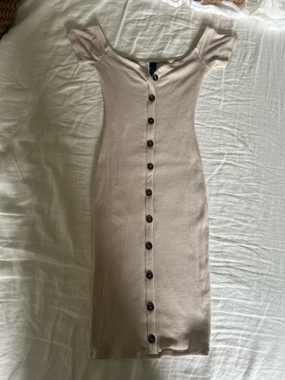 Windsor Taupe Ribbed Button-Front Midi Dress
